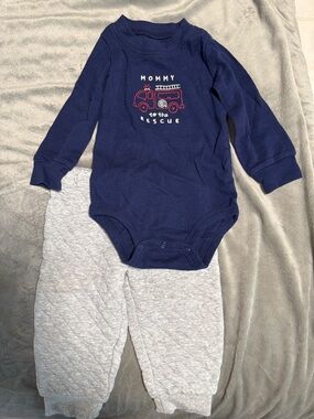 Navy Baby Bodysuit & Gray Quilted Pants Set - 'Mommy to the Rescue'